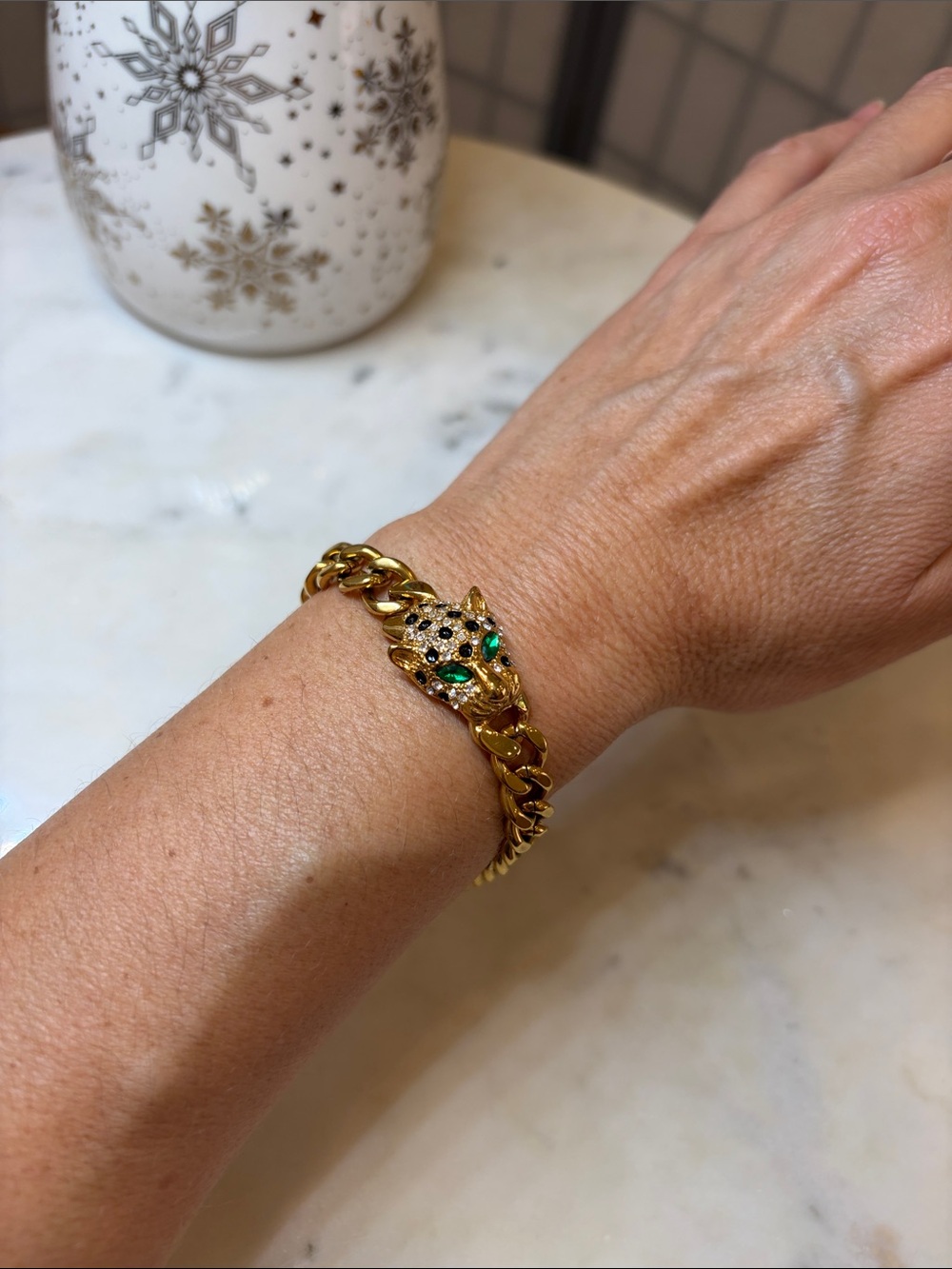 Gold-Tone Panther Chain Bracelet with Emerald Accent Stainless Steel.